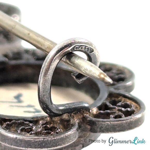 VTG Double Blue Windmill Delft Porcelain Filigree Flower Sterling Silver Brooch - Picture 6 of 7